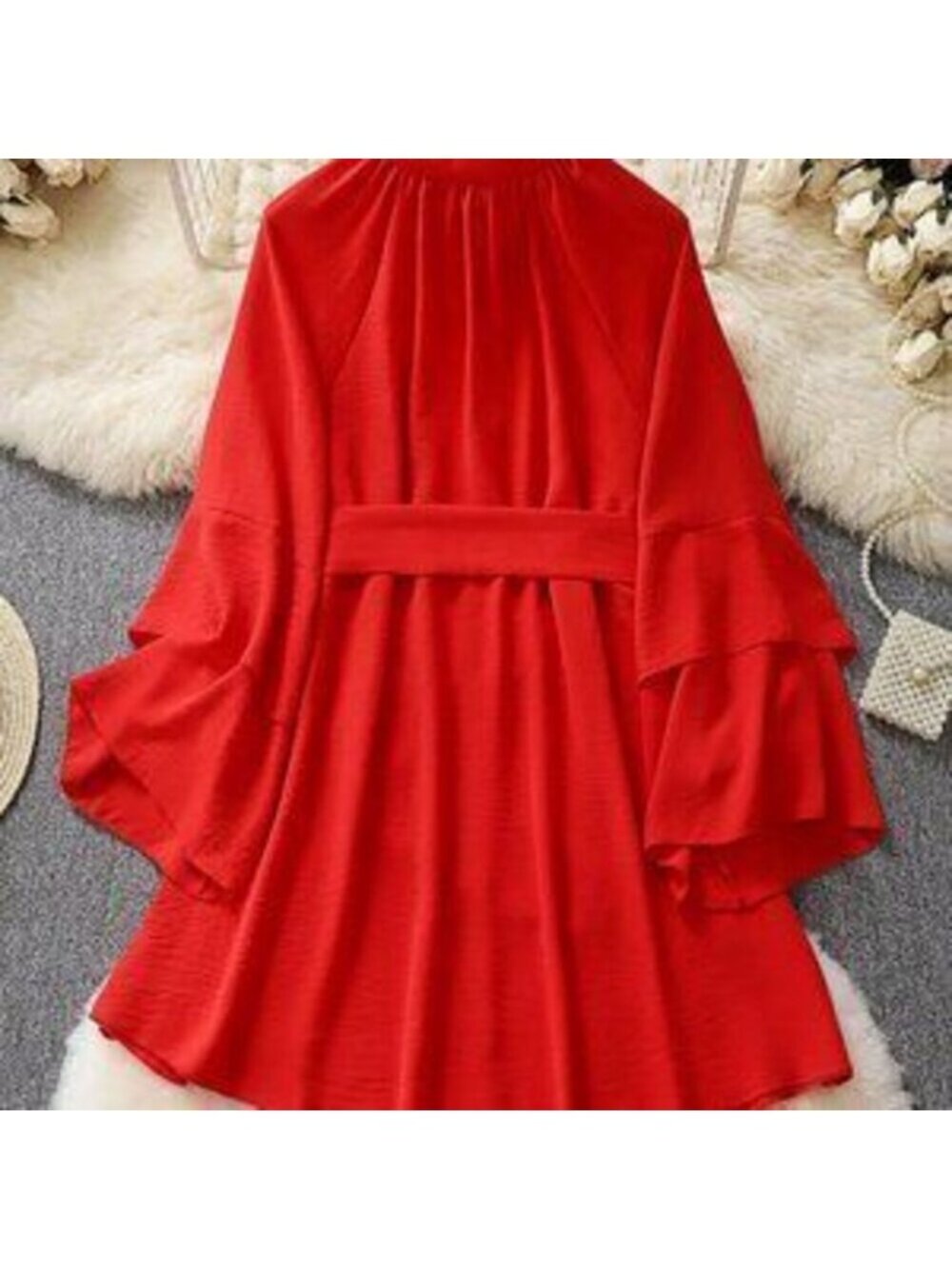 Red Glam Women's V-Neck Asymmetrical Tie-Up Long Sleeve Loose Mini Dress - Picture 4 of 4